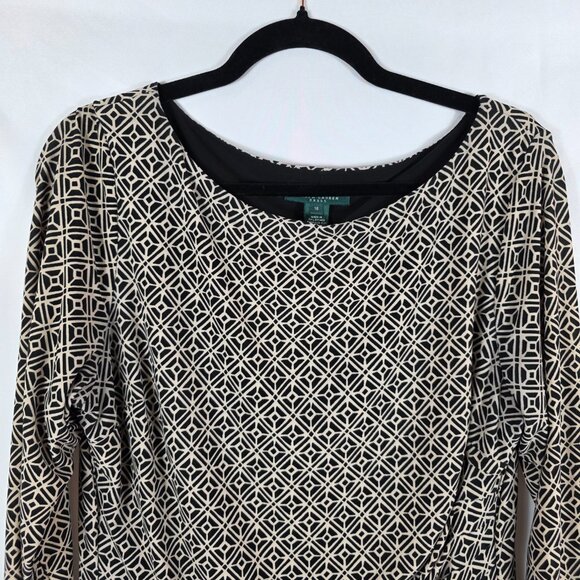 Lauren Ralph Lauren Ruched Sheath Dress Women's Size 16 Black & Tan Geo Print - Picture 2 of 15